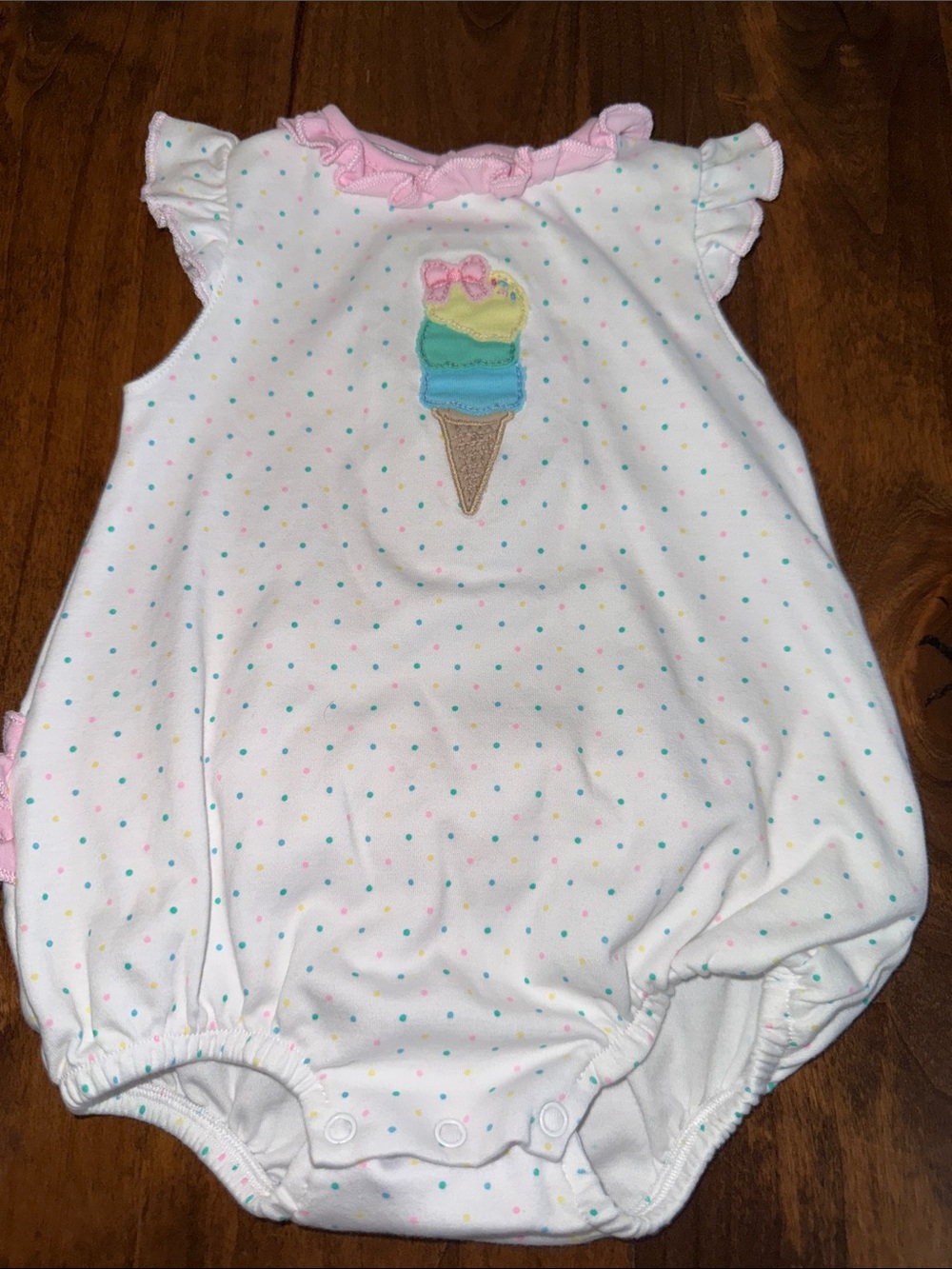 Infant White Polka Dot Ice Cream One-Piece Bodysuit with Pink Trim